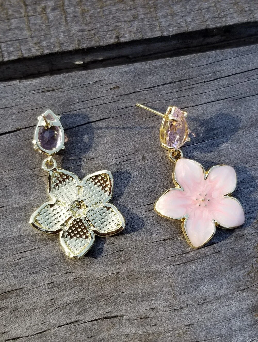 14k Gold Pink Tourmaline Floral Stud Earrings, Pink Flower Dangle Earrings